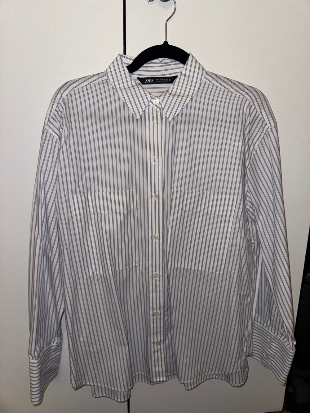 Zara White Shirt with Thin Blue Stripes